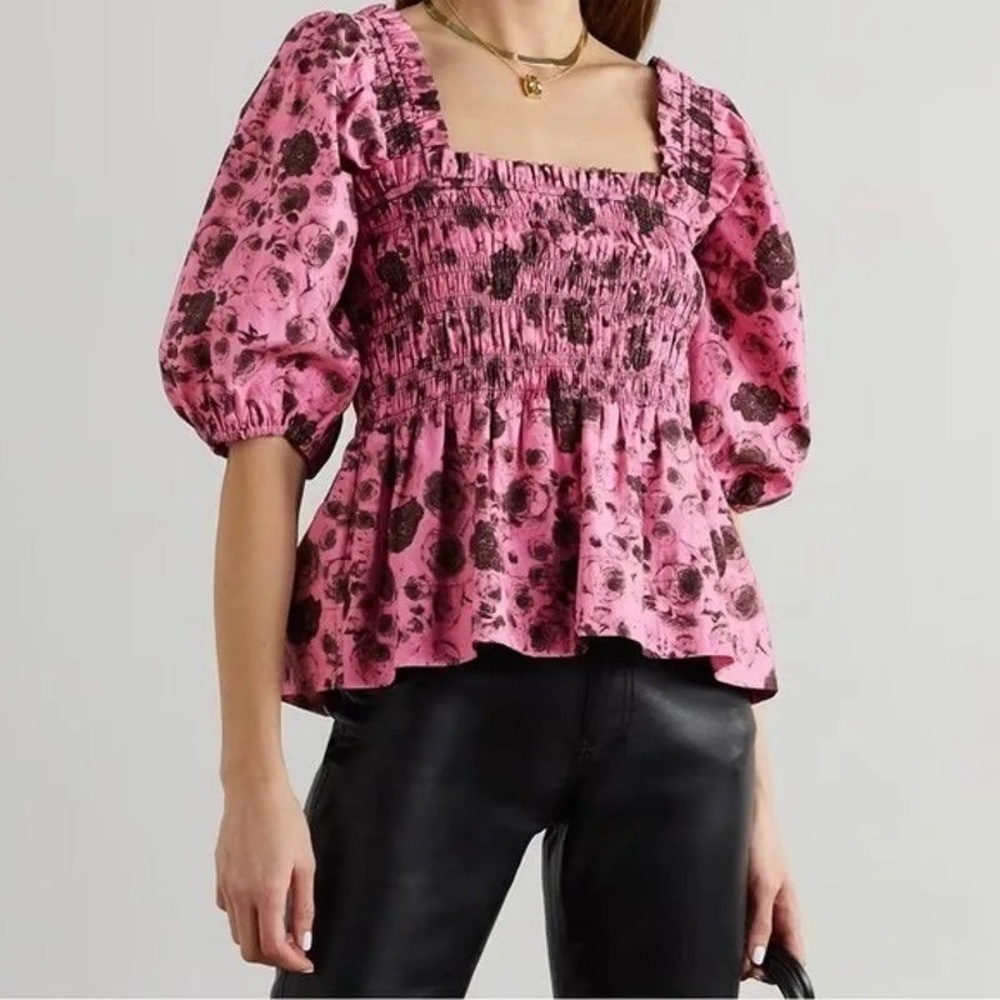 Ganni Cotton Poplin Floral Printed Puff Sleeve Smocked Top